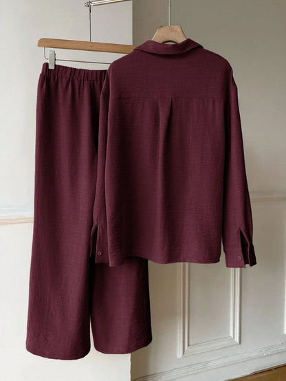 EZwear Burgundy Woven Knight Embroidery Long Sleeve Shirt And Pants Casual Preppy Set Everyday Lounge Travel Autumn