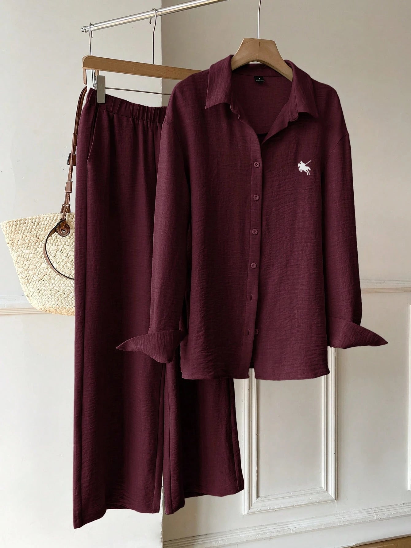 EZwear Burgundy Woven Knight Embroidery Long Sleeve Shirt And Pants Casual Preppy Set Everyday Lounge Travel Autumn