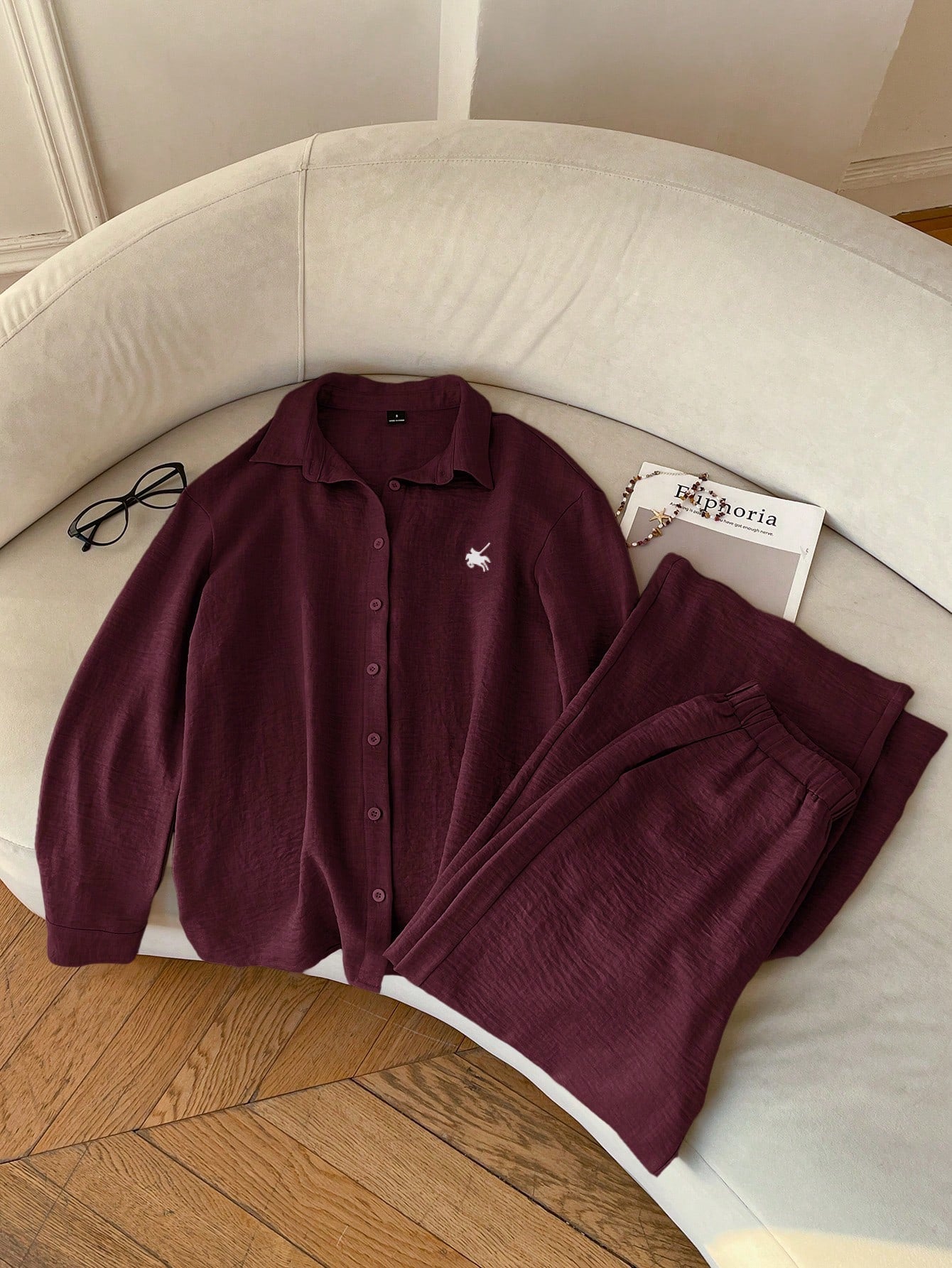 EZwear Burgundy Woven Knight Embroidery Long Sleeve Shirt And Pants Casual Preppy Set Everyday Lounge Travel Autumn