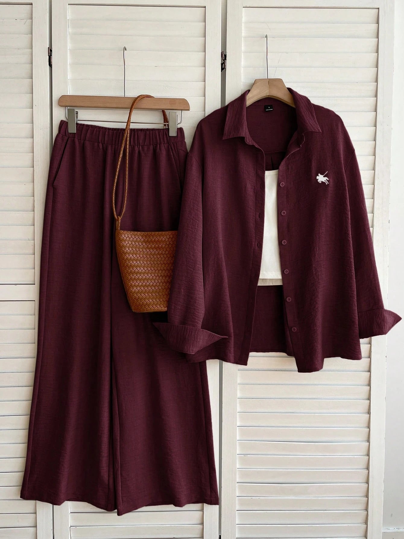 EZwear Burgundy Woven Knight Embroidery Long Sleeve Shirt And Pants Casual Preppy Set Everyday Lounge Travel Autumn