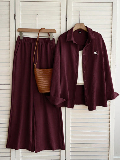 EZwear Burgundy Woven Knight Embroidery Long Sleeve Shirt And Pants Casual Preppy Set Everyday Lounge Travel Autumn