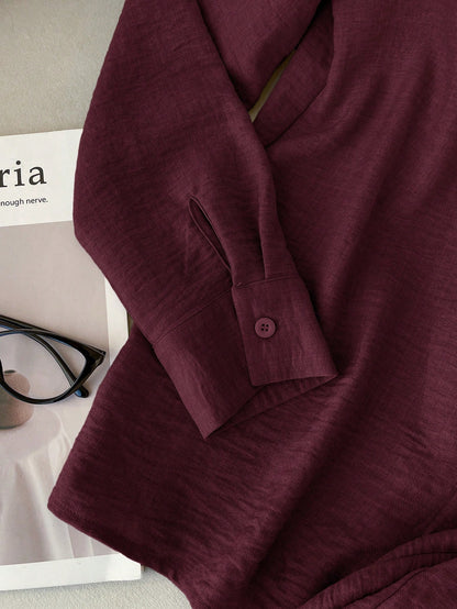 EZwear Burgundy Woven Knight Embroidery Long Sleeve Shirt And Pants Casual Preppy Set Everyday Lounge Travel Autumn