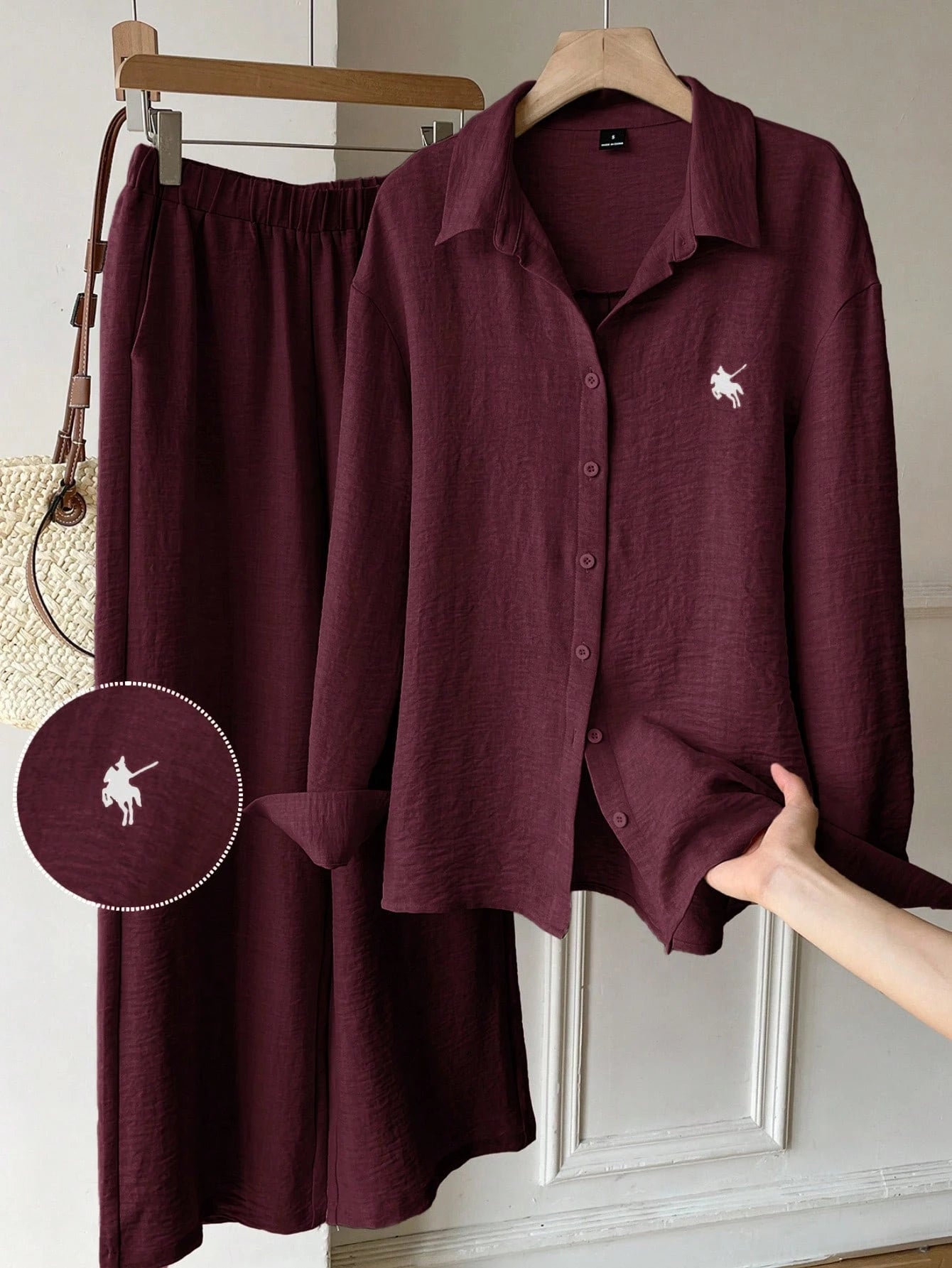 EZwear Burgundy Woven Knight Embroidery Long Sleeve Shirt And Pants Casual Preppy Set Everyday Lounge Travel Autumn