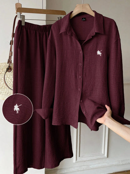 EZwear Burgundy Woven Knight Embroidery Long Sleeve Shirt And Pants Casual Preppy Set Everyday Lounge Travel Autumn