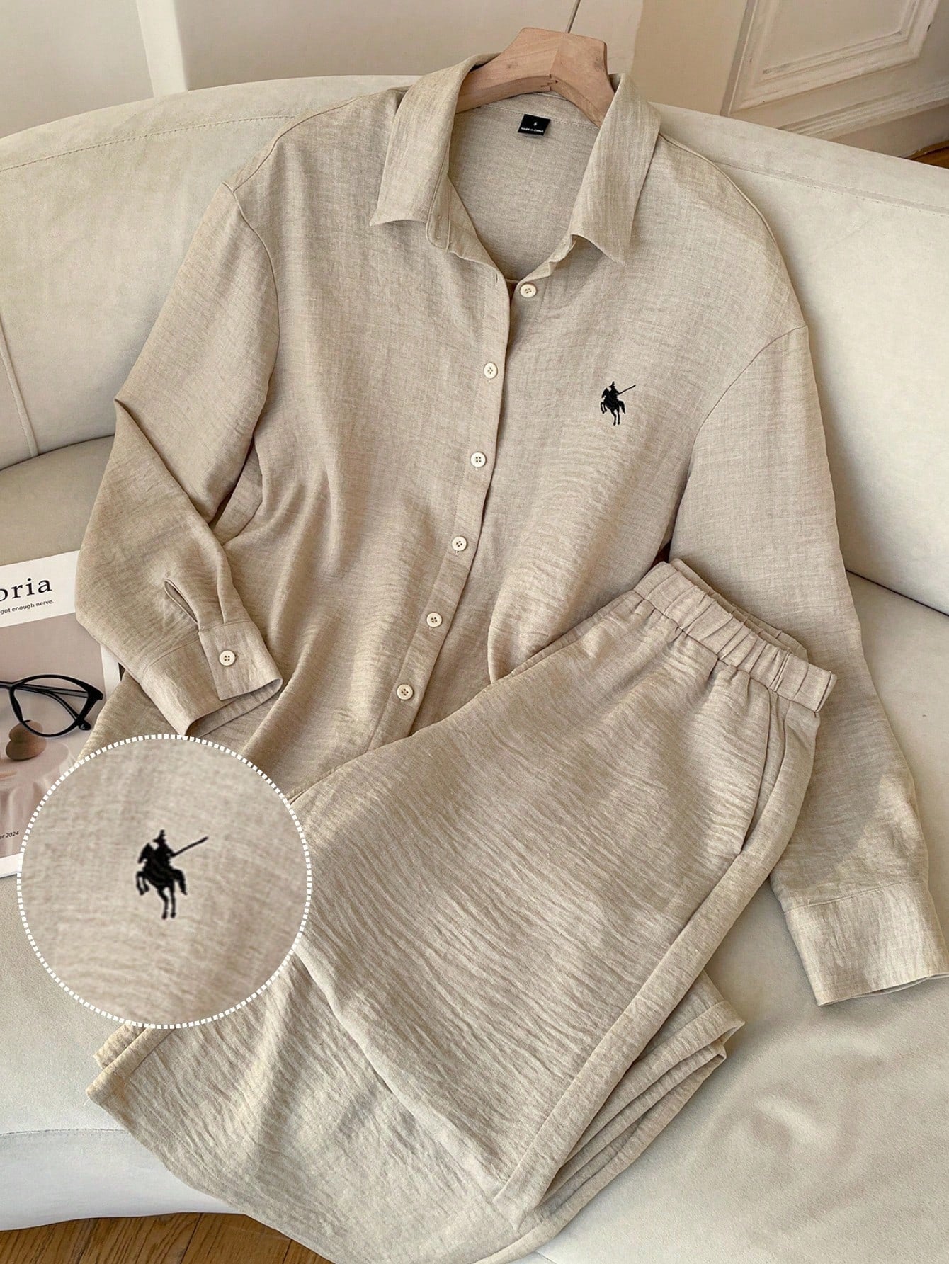 EZwear Burgundy Woven Knight Embroidery Long Sleeve Shirt And Pants Casual Preppy Set Everyday Lounge Travel Autumn