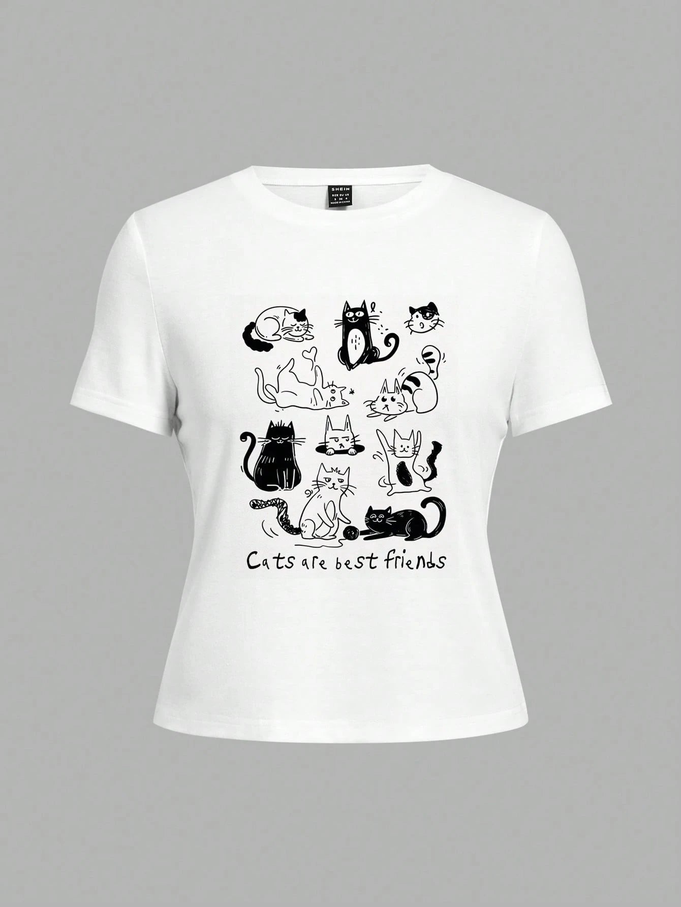 EZwear Casual White Round Neck Slim Women's T-Shirt With Black & White Striped Cat & 'Cat Is Best Friend' Print, Suitable For Summer Suitable For Going Out