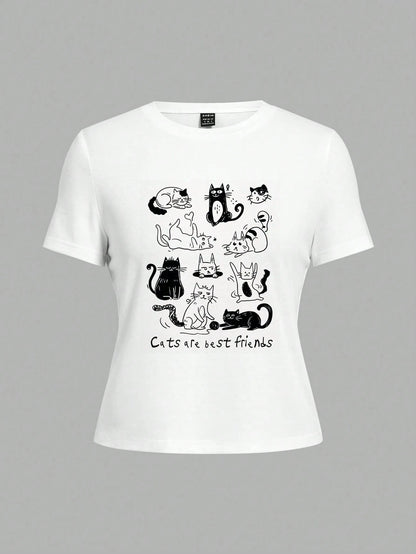 EZwear Casual White Round Neck Slim Women's T-Shirt With Black & White Striped Cat & 'Cat Is Best Friend' Print, Suitable For Summer Suitable For Going Out