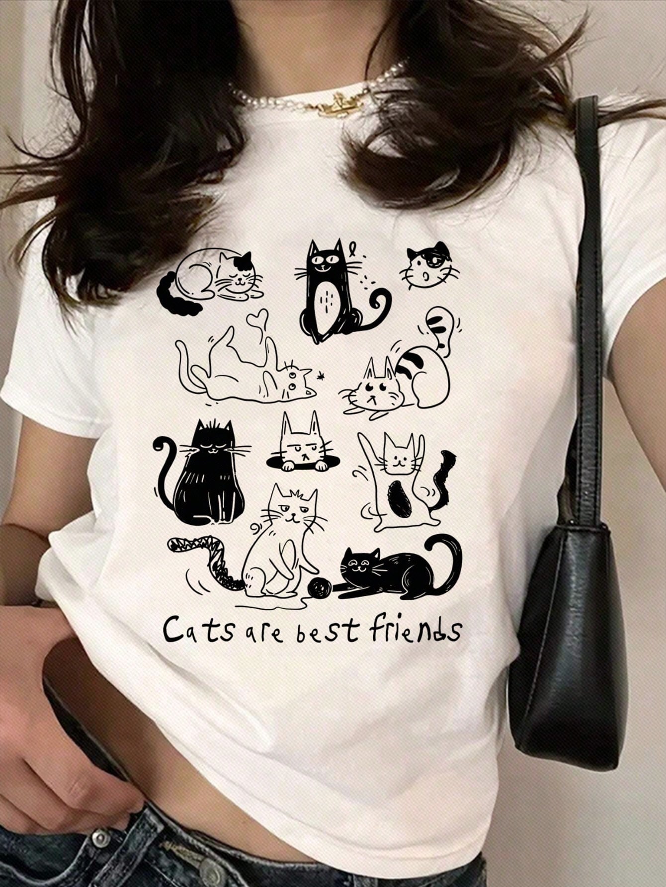 EZwear Casual White Round Neck Slim Women's T-Shirt With Black & White Striped Cat & 'Cat Is Best Friend' Print, Suitable For Summer Suitable For Going Out