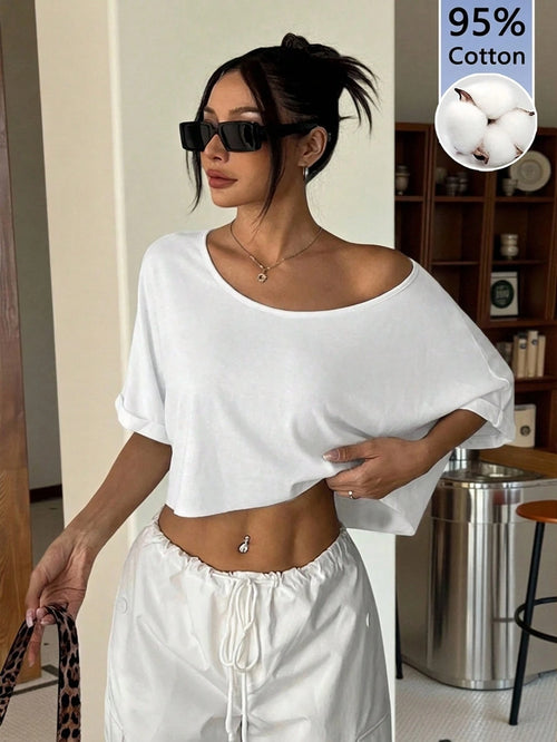 EZwear Comfortable Sexy Cold Shoulder Casual White Knit Loose One Shoulder Oversized T-Shirt, Chic,Summer Top