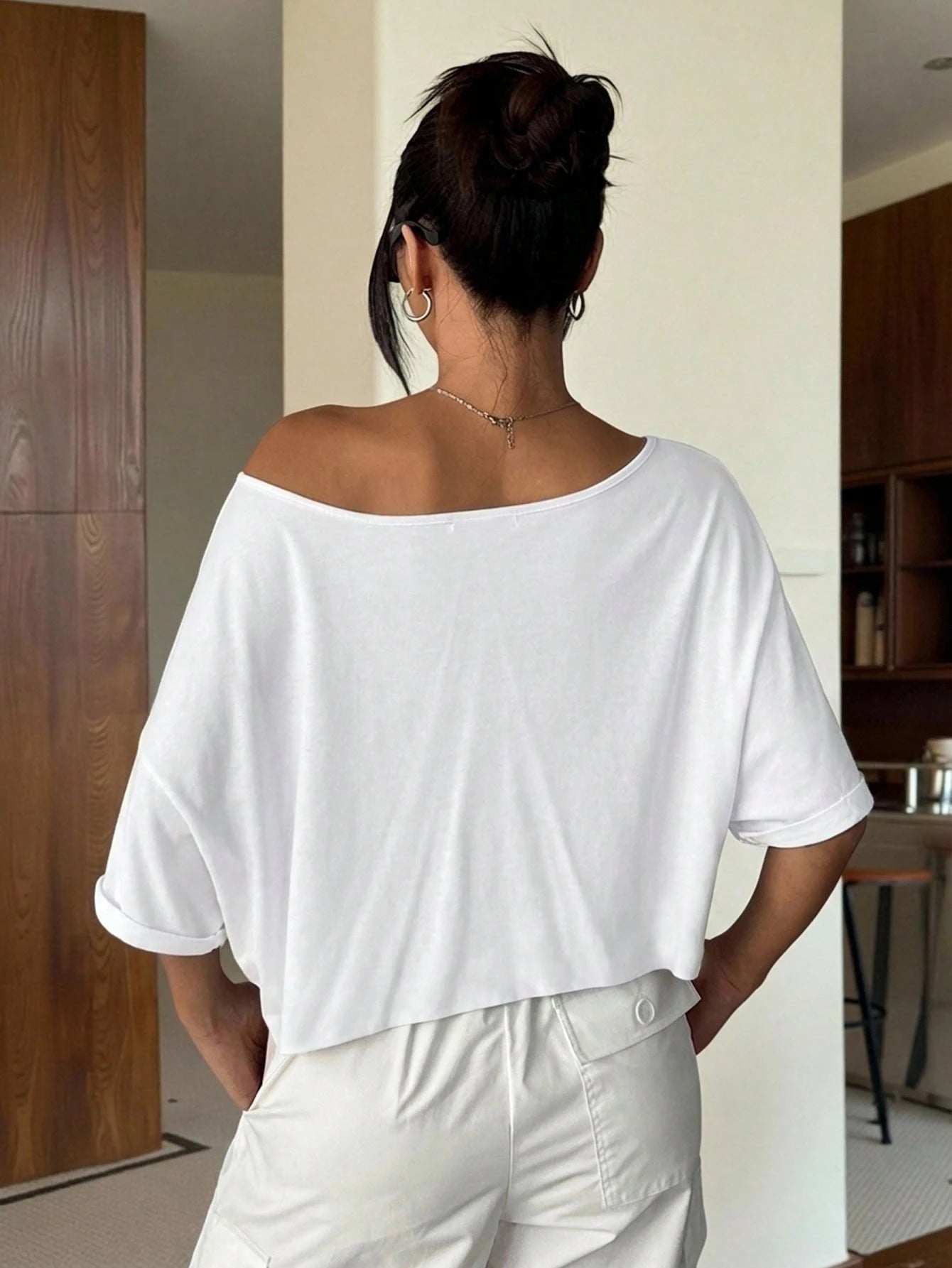 EZwear Comfortable Sexy Cold Shoulder Casual White Knit Loose One Shoulder Oversized T-Shirt, Chic,Summer Top