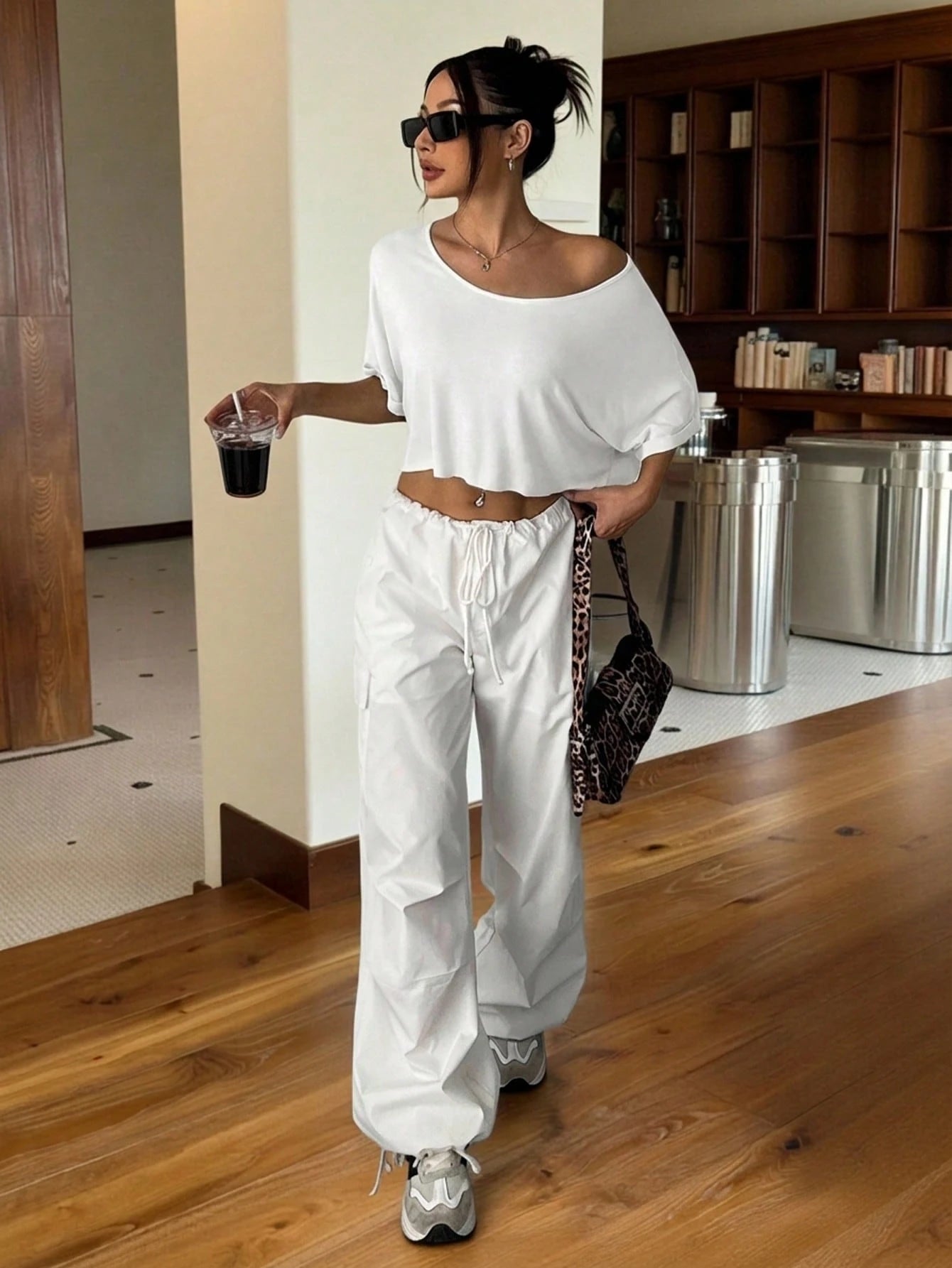EZwear Comfortable Sexy Cold Shoulder Casual White Knit Loose One Shoulder Oversized T-Shirt, Chic,Summer Top