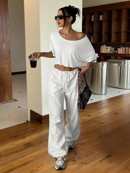 EZwear Comfortable Sexy Cold Shoulder Casual White Knit Loose One Shoulder Oversized T-Shirt, Chic,Summer Top