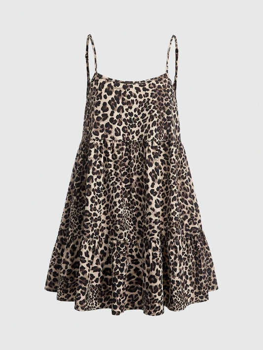 EZwear Cute Holiday Leopard Print Backless Leopard Print Doll Mini Dress Vacation Light Beige Summer Sexy