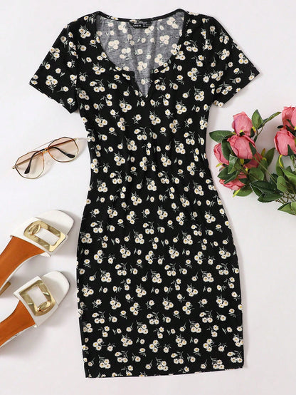 EZwear Ditsy Floral Notched Neck Bodycon Dress
