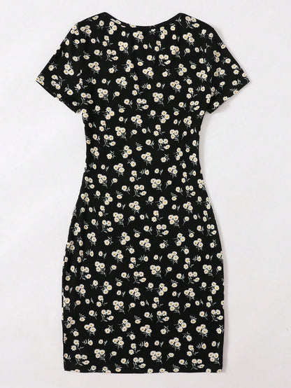 EZwear Ditsy Floral Notched Neck Bodycon Dress
