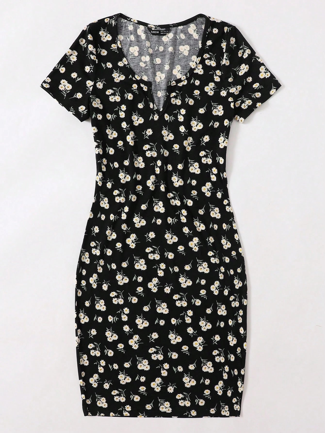 EZwear Ditsy Floral Notched Neck Bodycon Dress