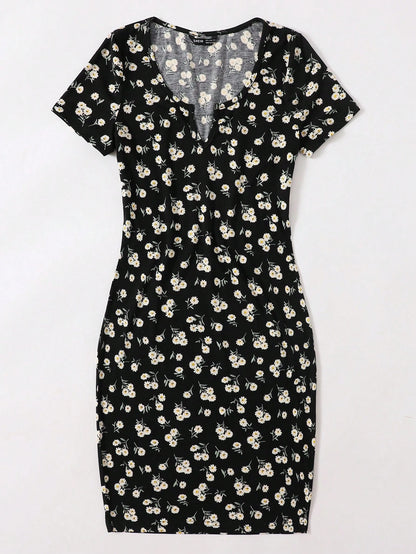 EZwear Ditsy Floral Notched Neck Bodycon Dress