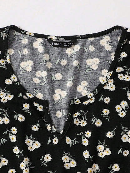 EZwear Ditsy Floral Notched Neck Bodycon Dress