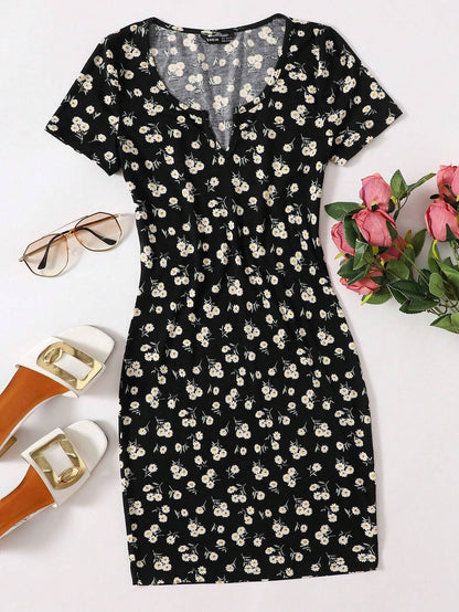 EZwear Ditsy Floral Notched Neck Bodycon Dress