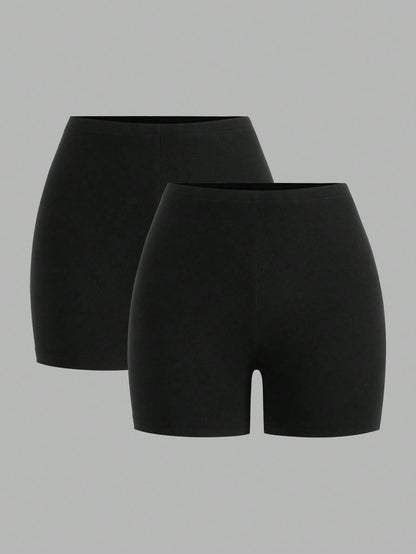 EZwear Women's Casual Athleisure Athletic Knitted Fabric Short Leggings, Two-Pack Black Solid Stretchy Bike Shorts For Everyday Comfort Gym Fitness Summer