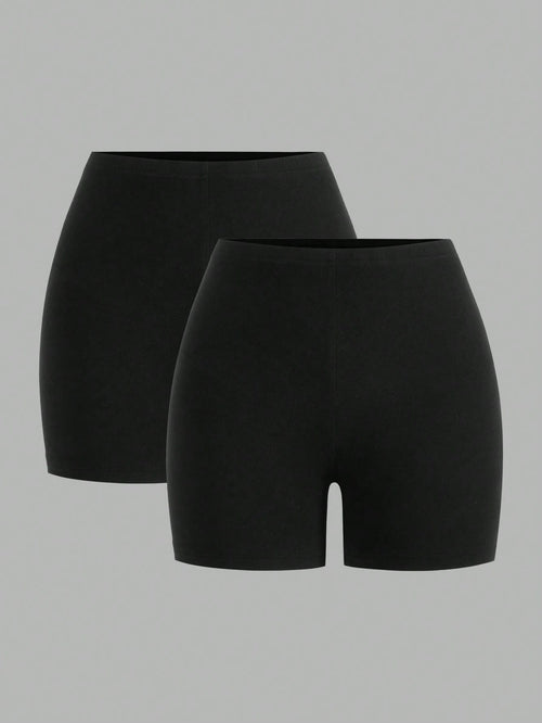 EZwear Women's Casual Athleisure Athletic Knitted Fabric Short Leggings, Two-Pack Black Solid Stretchy Bike Shorts For Everyday Comfort Gym Fitness Summer
