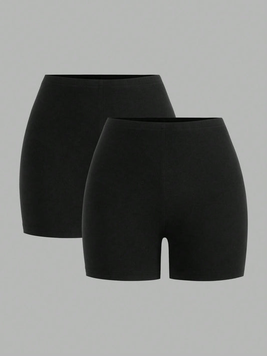 EZwear Women's Casual Athleisure Athletic Knitted Fabric Short Leggings, Two-Pack Black Solid Stretchy Bike Shorts For Everyday Comfort Gym Fitness Summer