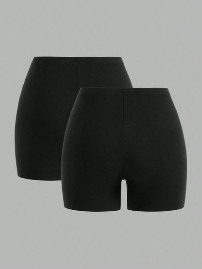 EZwear Women's Casual Athleisure Athletic Knitted Fabric Short Leggings, Two-Pack Black Solid Stretchy Bike Shorts For Everyday Comfort Gym Fitness Summer