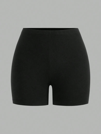EZwear Women's Casual Athleisure Athletic Knitted Fabric Short Leggings, Two-Pack Black Solid Stretchy Bike Shorts For Everyday Comfort Gym Fitness Summer