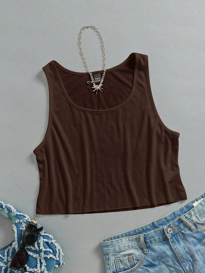 EZwear Women's Casual Brown Large U-Neck Loose Cropped Tank Top Suitable For Summer