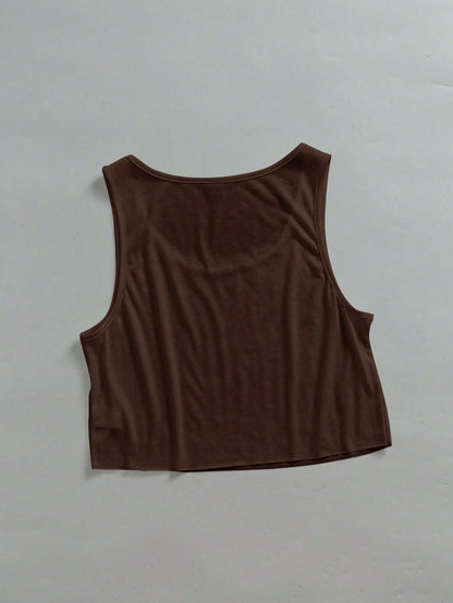 EZwear Women's Casual Brown Large U-Neck Loose Cropped Tank Top Suitable For Summer