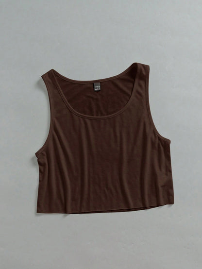 EZwear Women's Casual Brown Large U-Neck Loose Cropped Tank Top Suitable For Summer