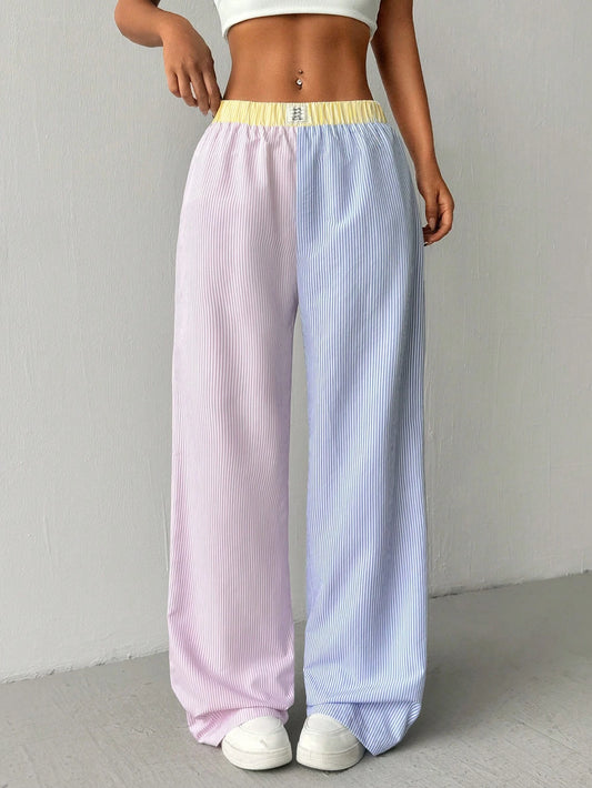 EZwear Women's Colorblock Stripe Alphabet Letter Printed Culotte Casual Casual Wide Leg Pants