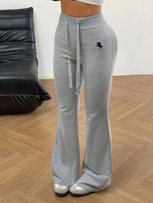 EZwear Women's Embroidery Flare Pants, Fashionable Design Suitable For Summer Workout Charcoal Gray Baggy