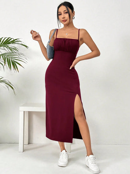 EZwear Women Simple Solid Color Spaghetti Strap Split Hem Casual Dress