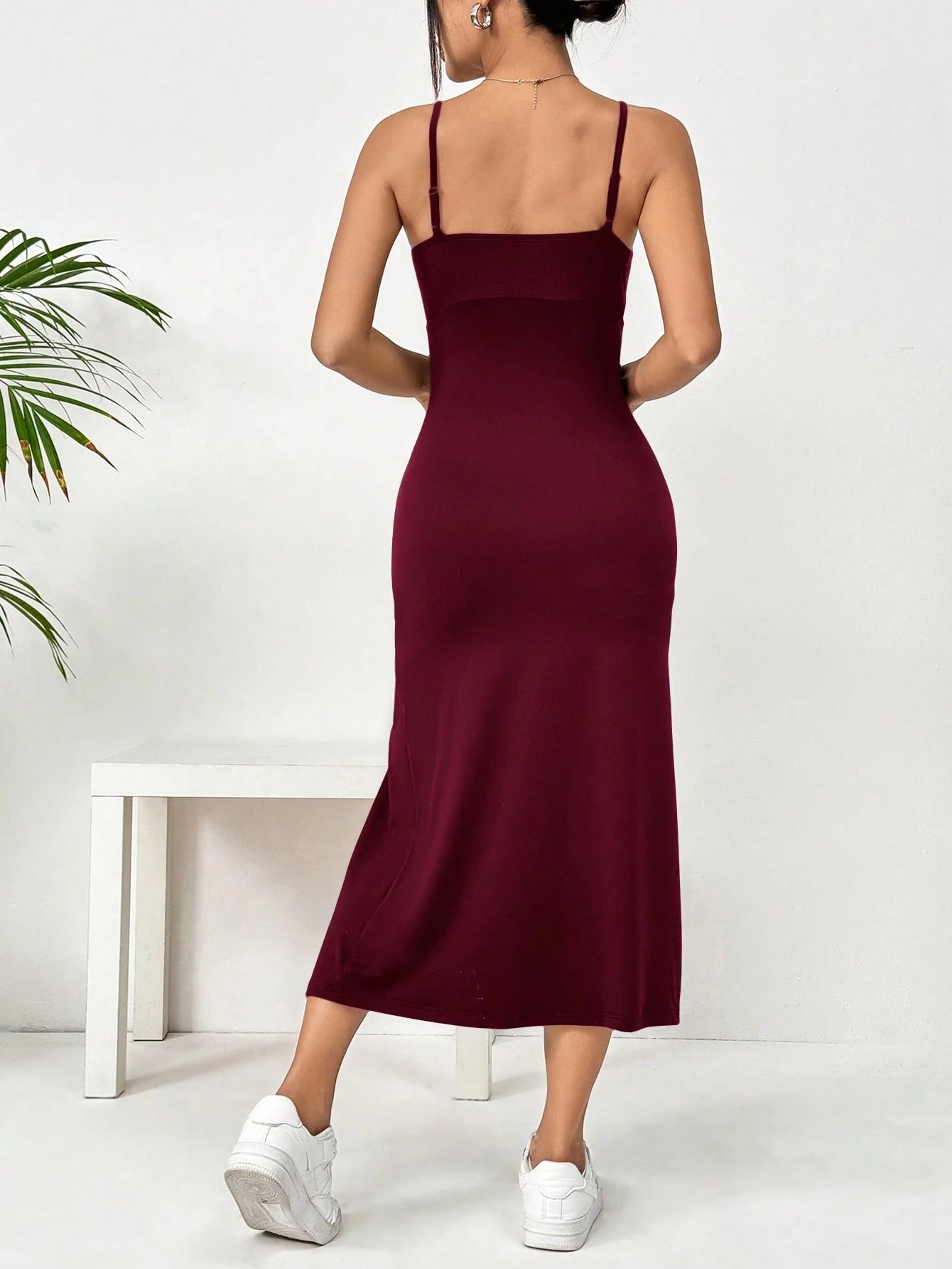 EZwear Women Simple Solid Color Spaghetti Strap Split Hem Casual Dress