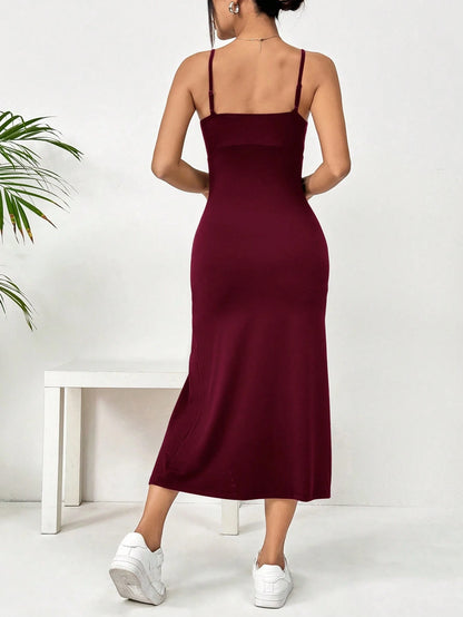 EZwear Women Simple Solid Color Spaghetti Strap Split Hem Casual Dress