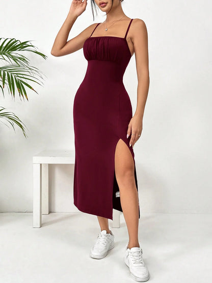 EZwear Women Simple Solid Color Spaghetti Strap Split Hem Casual Dress