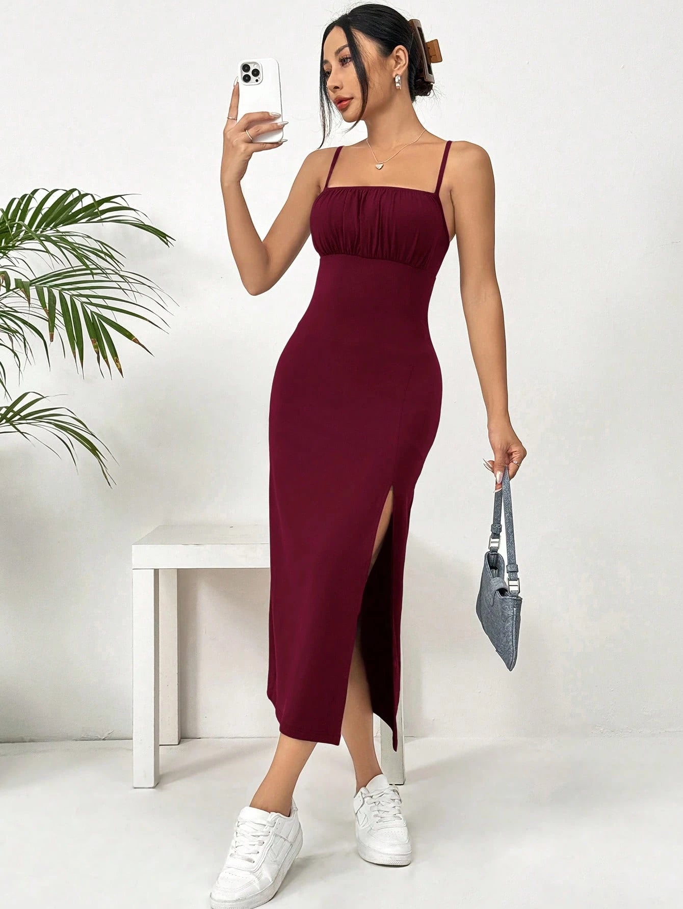 EZwear Women Simple Solid Color Spaghetti Strap Split Hem Casual Dress