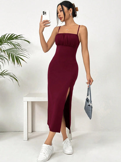 EZwear Women Simple Solid Color Spaghetti Strap Split Hem Casual Dress