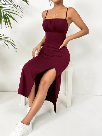 EZwear Women Simple Solid Color Spaghetti Strap Split Hem Casual Dress