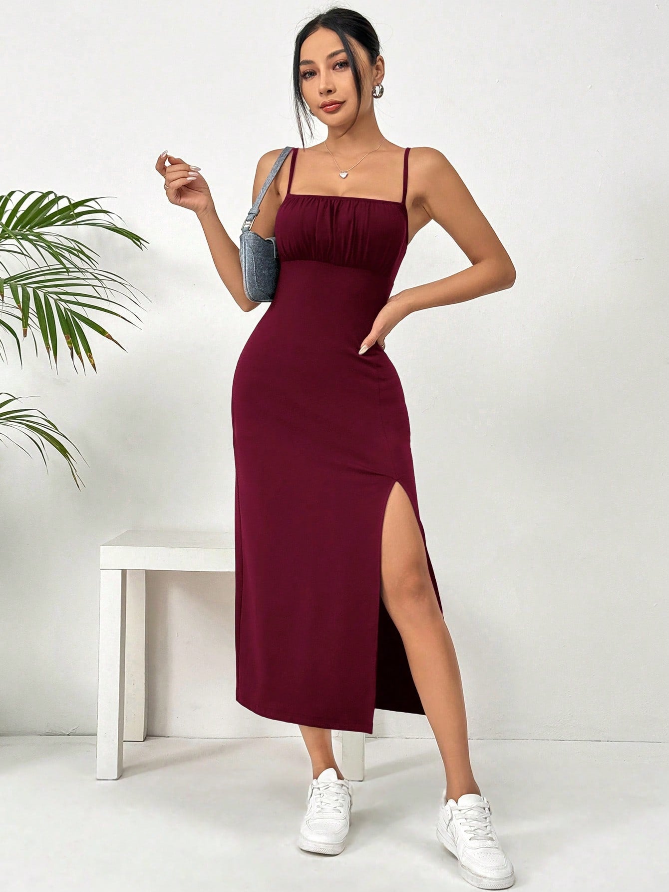 EZwear Women Simple Solid Color Spaghetti Strap Split Hem Casual Dress