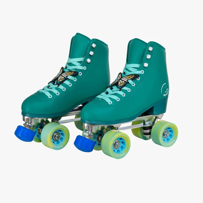 Teal roller skates with colorful wheels on a white background
