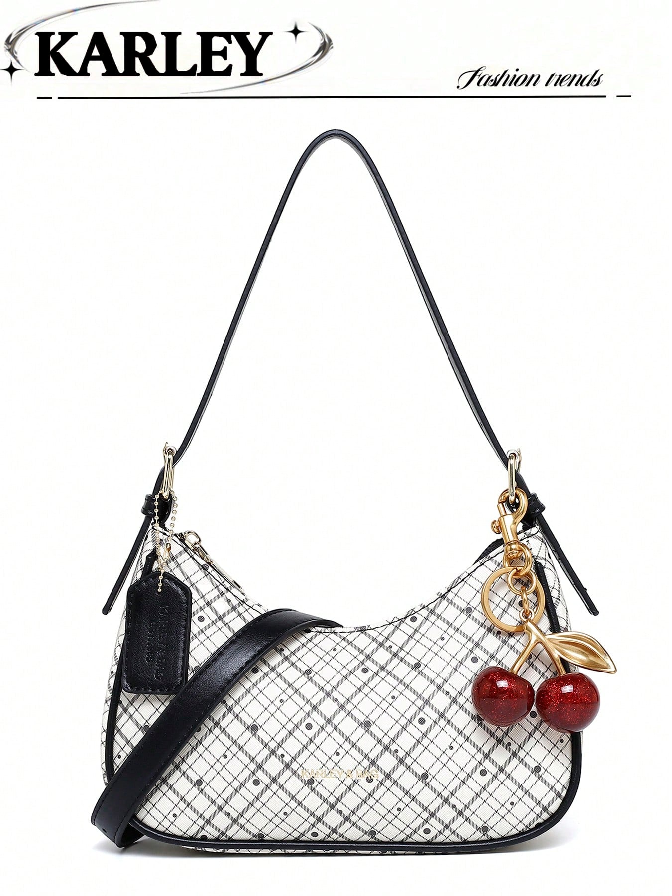 Fashion Crescent Bag, Y2K Shoulder Underarm Bag, Classic Plaid Shoulder Bag, Women's Fashion Handbag With Cherry Charm Decoration, Leather Texture Crossbody Bag, Essential For Fashionable Outings