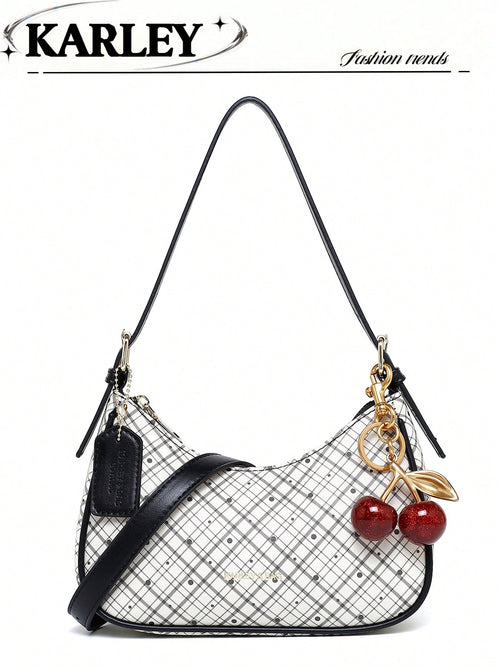 Fashion Crescent Bag, Y2K Shoulder Underarm Bag, Classic Plaid Shoulder Bag, Women's Fashion Handbag With Cherry Charm Decoration, Leather Texture Crossbody Bag, Essential For Fashionable Outings