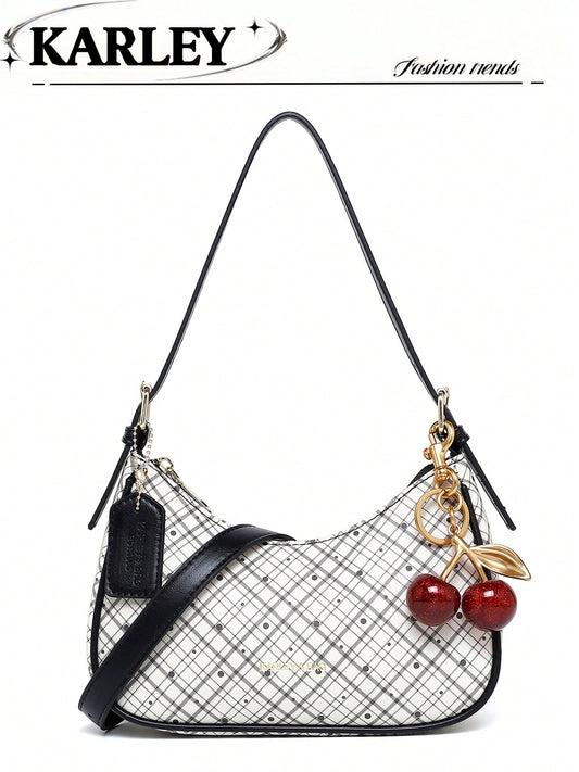 Fashion Crescent Bag, Y2K Shoulder Underarm Bag, Classic Plaid Shoulder Bag, Women's Fashion Handbag With Cherry Charm Decoration, Leather Texture Crossbody Bag, Essential For Fashionable Outings
