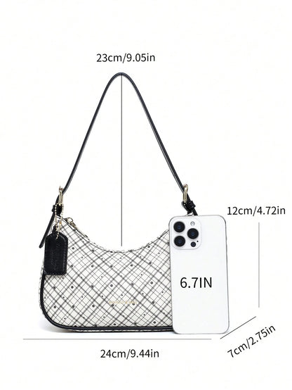 Fashion Crescent Bag, Y2K Shoulder Underarm Bag, Classic Plaid Shoulder Bag, Women's Fashion Handbag With Cherry Charm Decoration, Leather Texture Crossbody Bag, Essential For Fashionable Outings
