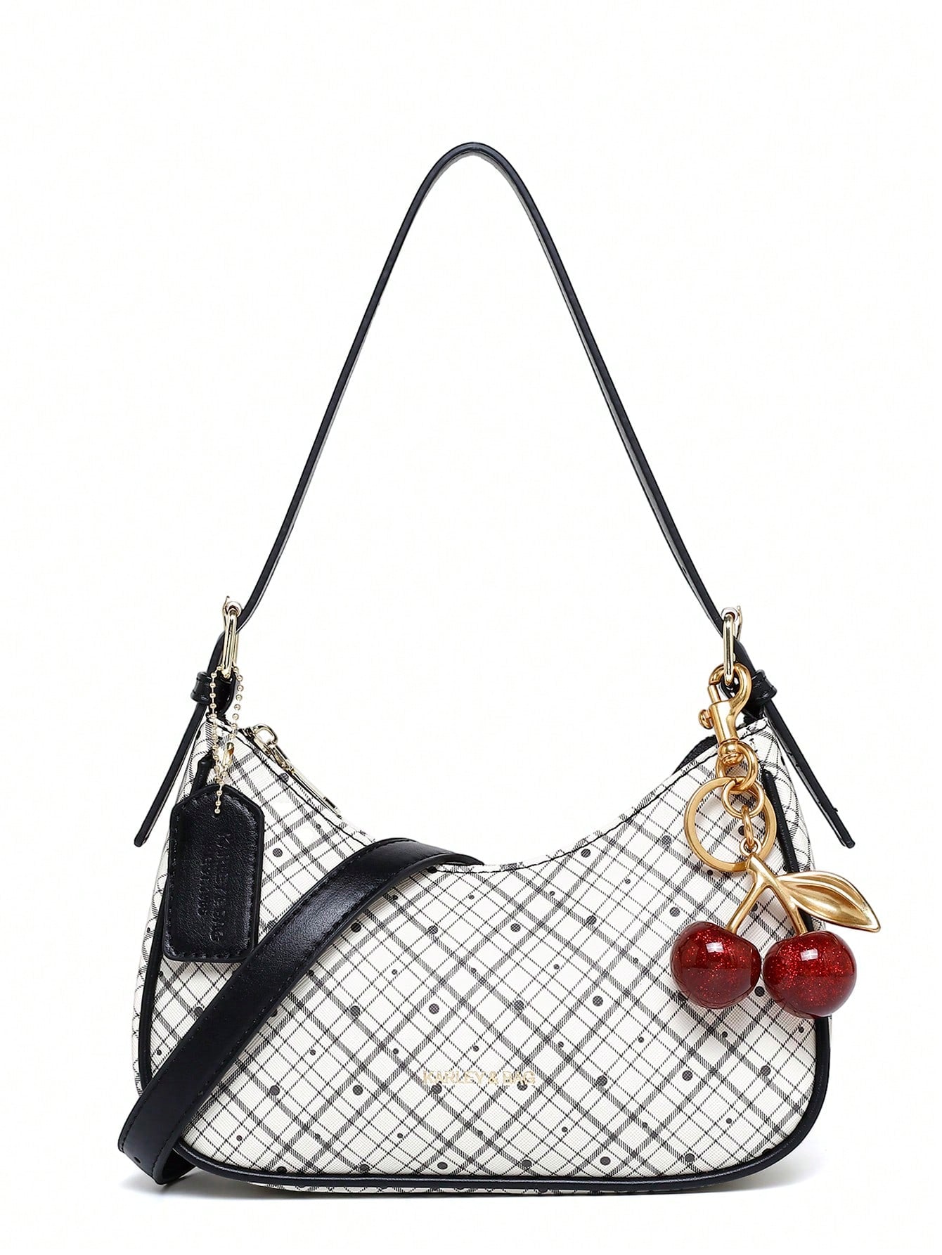 Fashion Crescent Bag, Y2K Shoulder Underarm Bag, Classic Plaid Shoulder Bag, Women's Fashion Handbag With Cherry Charm Decoration, Leather Texture Crossbody Bag, Essential For Fashionable Outings