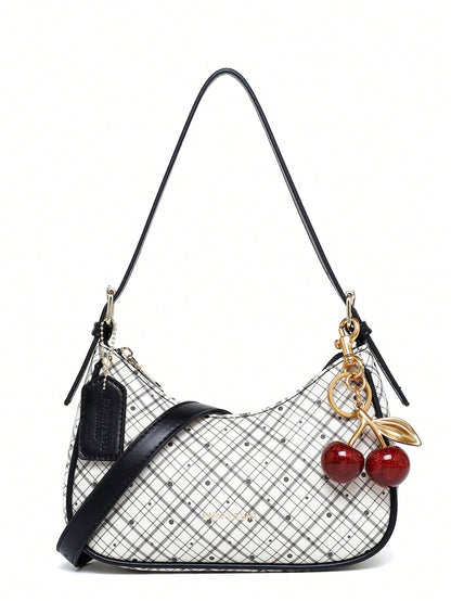 Fashion Crescent Bag, Y2K Shoulder Underarm Bag, Classic Plaid Shoulder Bag, Women's Fashion Handbag With Cherry Charm Decoration, Leather Texture Crossbody Bag, Essential For Fashionable Outings