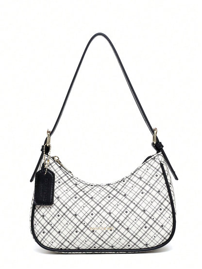 Fashion Crescent Bag, Y2K Shoulder Underarm Bag, Classic Plaid Shoulder Bag, Women's Fashion Handbag With Cherry Charm Decoration, Leather Texture Crossbody Bag, Essential For Fashionable Outings