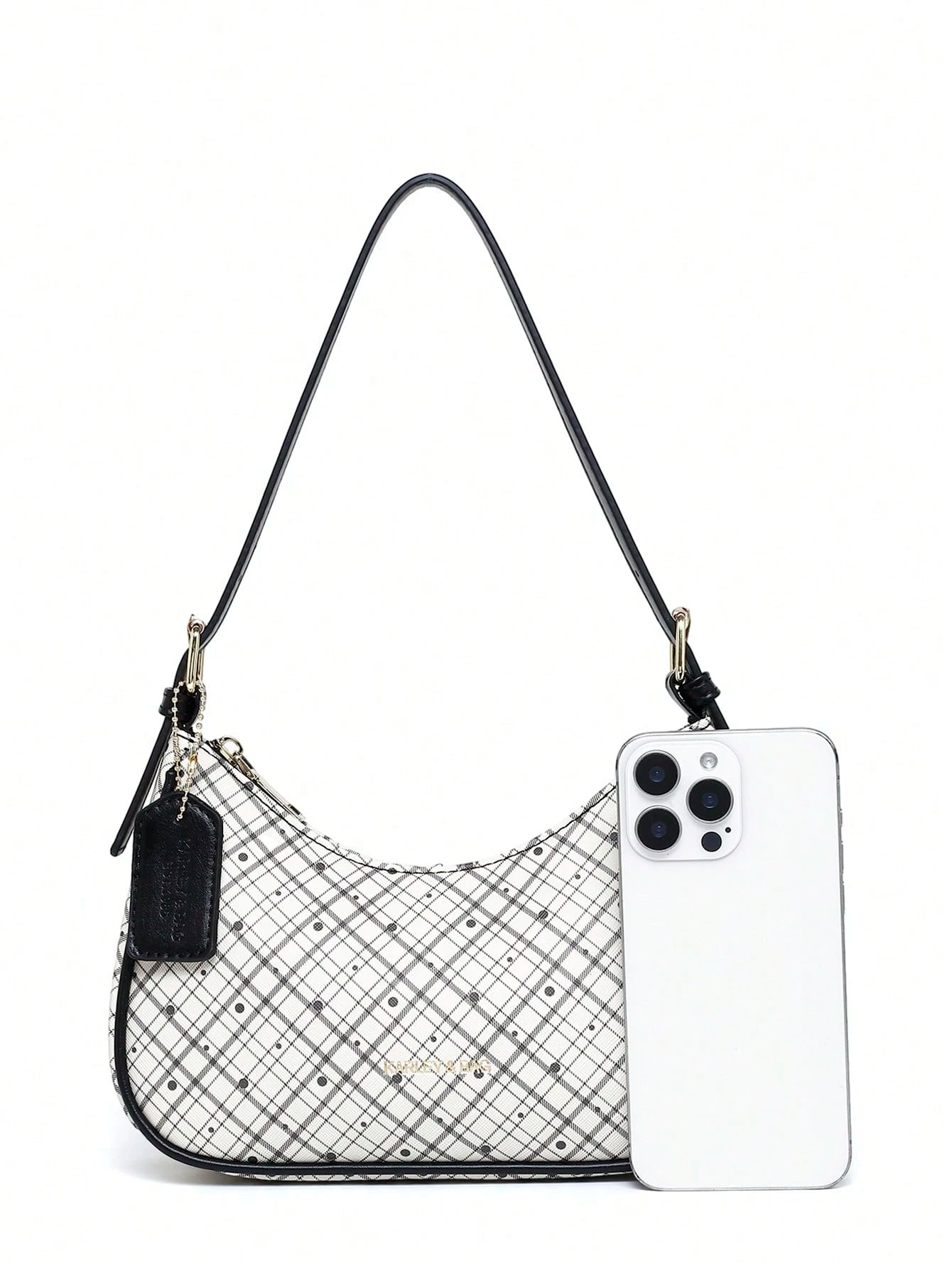 Fashion Crescent Bag, Y2K Shoulder Underarm Bag, Classic Plaid Shoulder Bag, Women's Fashion Handbag With Cherry Charm Decoration, Leather Texture Crossbody Bag, Essential For Fashionable Outings